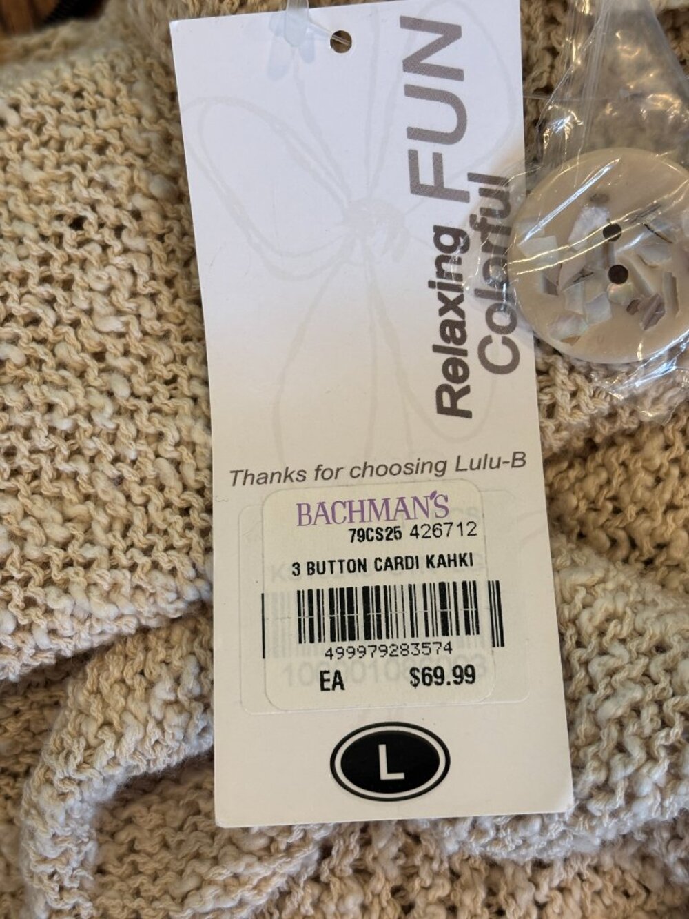 Lulu-B Three-Button Knit Cardigan | Oatmeal | Size Large | New with Tags - Picture 4 of 7